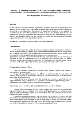 Project in Different Organization Structures and Transition from Non - Project to the More Project- Oriented Organization Structure