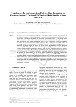 Mapping out the Implementation of Science-Islam Integration on University Students' Thesis at UIN Maulana Malik Ibrahim Malang