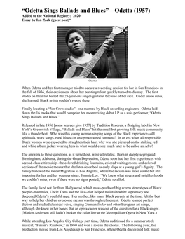 Odetta Sings Ballads and Blues”—Odetta (1957) Added to the National Registry: 2020 Essay by Ian Zack (Guest Post)*