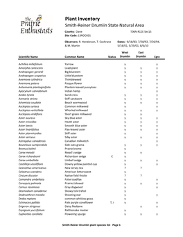 Plant Inventory Smith-Reiner Drumlin State Natural Area County: Dane T06N R12E Sec15 Site Code: 13ROCK01