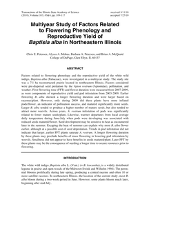 Multiyear Study of Factors Related to Flowering Phenology and Reproductive Yield of Baptisia Alba in Northeastern Illinois