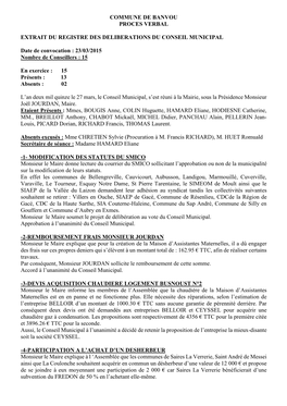 COMMUNE DE BANVOU PROCES VERBAL EXTRAIT DU REGISTRE DES DELIBERATIONS DU CONSEIL MUNICIPAL Date De Convocation : 23/03/2015 Nomb