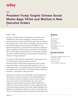 President Trump Targets Chinese Social Media Apps Tiktok and Wechat in New Executive Orders −