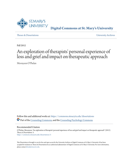 An Exploration of Therapists' Personal Experience of Loss and Grief and Impact on Therapeutic Approach Moonyeen O'phelan