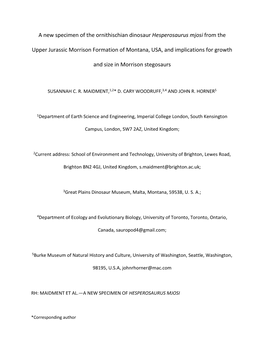 A New Specimen of the Ornithischian Dinosaur Hesperosaurus Mjosi from The