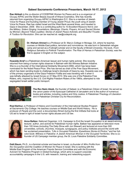 Sabeel Sacramento Conference Presenters, March 16-17, 2012