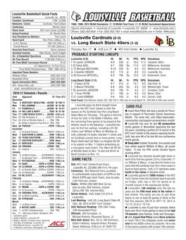 Louisville Cardinals (2-0) Vs. Long Beach State 49Ers (1-2)