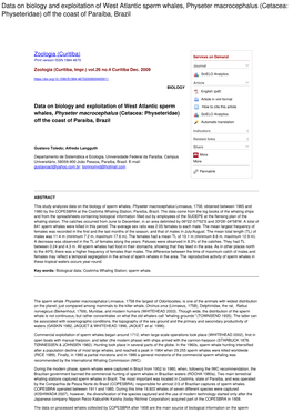 Data on Biology and Exploitation of West Atlantic Sperm Whales, Physeter Macrocephalus (Cetacea