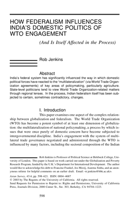 How Federalism Influences India's Domestic Politics of Wto Engagement