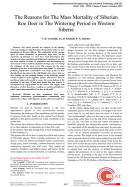 The Reasons for the Mass Mortality of Siberian Roe Deer in the Wintering Period in Western Siberia