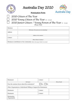 Citizen of the Year  2020 Young Citizen of the Year (13 - 25 Yrs)  2020 Junior Citizen / Young Person of the Year (5 - 12 Yrs) (Please Tick)