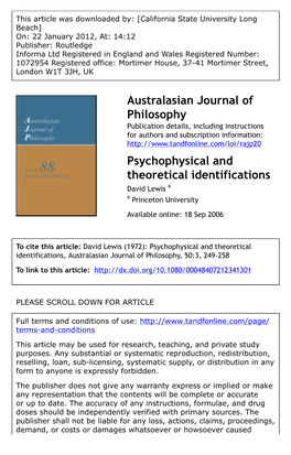 Psychophysical and Theoretical Identifications David Lewis a a Princeton University Available Online: 18 Sep 2006