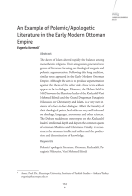An Example of Polemic/Apologetic Literature in the Early Modern Ottoman Empire Evgenia Kermeli* Abstract