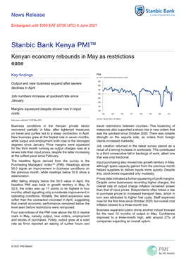 Stanbic Bank Kenya PMI™ Kenyan Economy Rebounds in May As Restrictions Ease