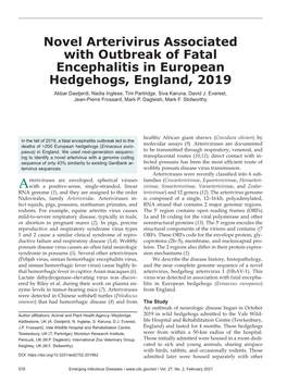 Novel Arterivirus Associated with Outbreak of Fatal Encephalitis in European Hedgehogs, England, 2019