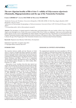 The New Algerian Locality of Bir El Ater 3: Validity of Libycosaurus Algeriensis (Mammalia, Hippopotamoidea) and the Age of the Nementcha Formation