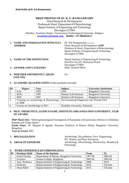 BRIEF PROFILE of Dr. BE RANGASWAMY