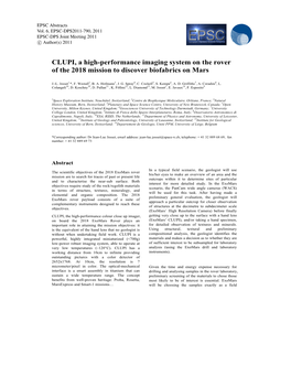 CLUPI, a High-Performance Imaging System on the Rover of the 2018 Mission to Discover Biofabrics on Mars