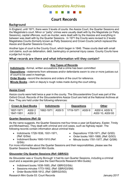 Court Records Background in England, Until 1971, There Were 3 Levels of Courts: the Assize Court, the Quarter Sessions and the Magistrate’S Court