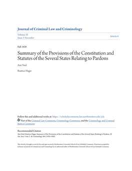 Summary of the Provisions of the Constitution and Statutes of the Several States Relating to Pardons Ann Neal