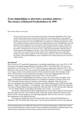 From Shipbuilding to Alternative Maritime Industry – the Closure of Danyard Frederikshavn in 1999