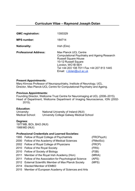 Curriculum Vitae – Raymond Joseph Dolan