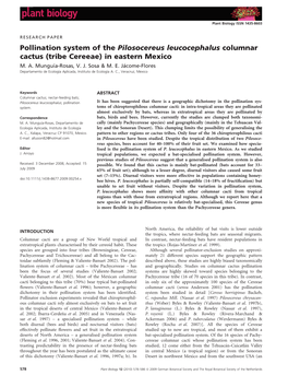 Pollination System of the Pilosocereus Leucocephalus Columnar Cactus (Tribe Cereeae) in Eastern Mexico M