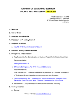 Township of Blandford-Blenheim Council Meeting Agenda - Amended