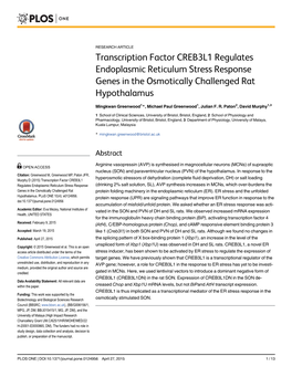 Transcription Factor CREB3L1 Regulates Endoplasmic Reticulum Stress Response Genes in the Osmotically Challenged Rat Hypothalamus