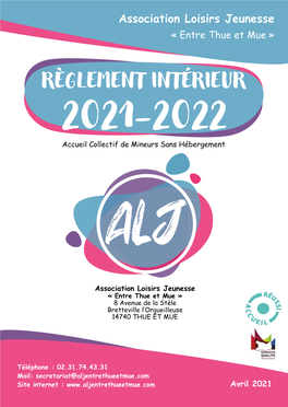 RÈGLEMENT INTÉRIEUR 2021-2022 Accueil Collectif De Mineurs Sans Hébergement