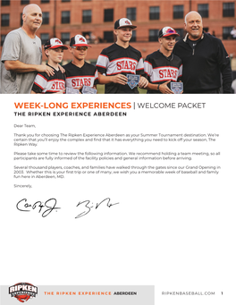 Week-Long Experiences | Welcome Packet the Ripken Experience Aberdeen