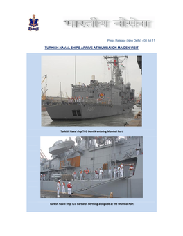Turkish Naval Ships Arrive at Mumbai on Maiden Visit
