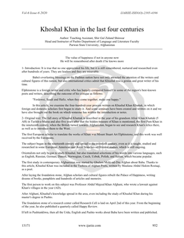 Khoshal Khan in the Last Four Centuries