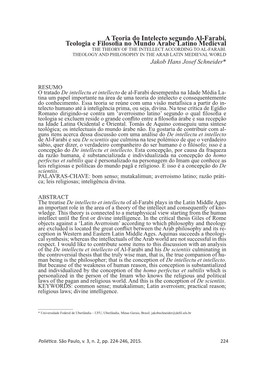 A Teoria Do Intelecto Segundo Al-Farabi. Teologia E Filosofia No Mundo Árabe Latino Medieval the THEORY of the INTELLECT ACCORDING to AL-FARABI