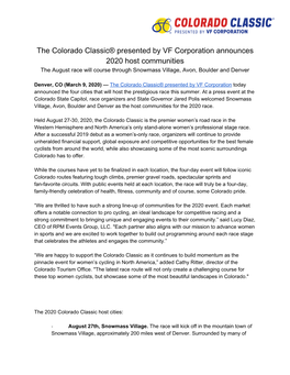 The Colorado Classic® Presented by VF Corporation Announces 2020 Host Communities the August Race Will Course Through Snowmass Village, Avon, Boulder and Denver