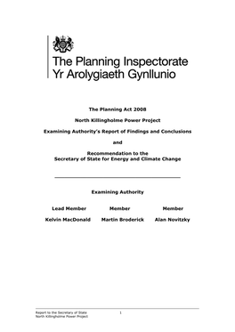 The Planning Act 2008 North Killingholme Power Project Examining Authority's Report of Findings and Conclusions and Recommenda