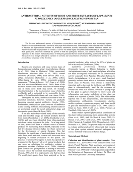 Antibacterial Activity of Root and Fruit Extracts of Leptadenia Pyrotechnica (Asclepiadaceae) from Pakistan