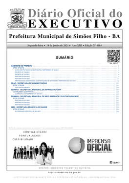 Diário Oficial Do EXECUTIVO Prefeitura Municipal De Simões Filho - BA