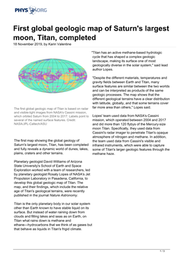 First Global Geologic Map of Saturn's Largest Moon, Titan, Completed 18 November 2019, by Karin Valentine