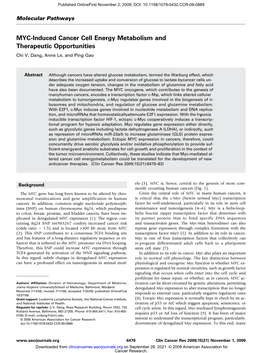 MYC-Induced Cancer Cell Energy Metabolism and Therapeutic Opportunities Chi V