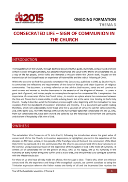 Consecrated Life – Sign of Communion in the Church