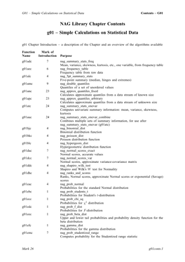 NAG Library Chapter Contents G01 – Simple Calculations on Statistical Data