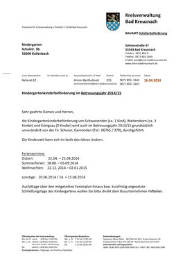 Kreisverwaltung Bad Kreuznach Postanschrift: Kreisverwaltung • Postfach • 55508 Bad Kreuznach