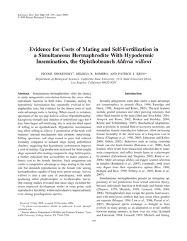 Evidence for Costs of Mating and Self-Fertilization in a Simultaneous Hermaphrodite with Hypodermic Insemination, the Opisthobranch Alderia Willowi