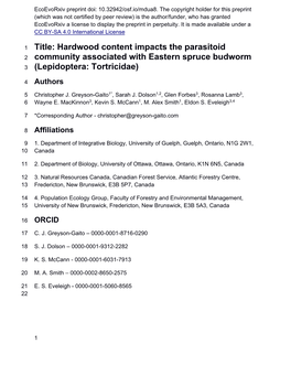 Hardwood Content Impacts the Parasitoid 2 Community Associated with Eastern Spruce Budworm 3 (Lepidoptera: Tortricidae)