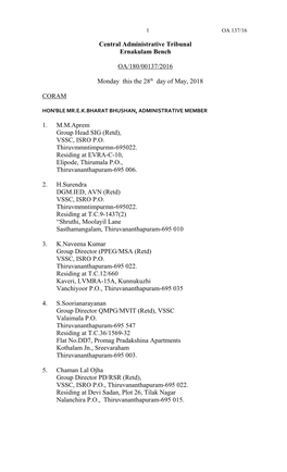 Central Administrative Tribunal Ernakulam Bench OA/180/00137