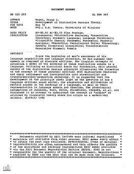 Development of Distinctive Feature Theory. PUB DATE May 76 NOTE 64P.; B.A