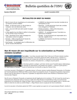 Bulletin Quotidien De L'onu Est Préparé Par La Section Des Services De L’Information Sur Internet Du Département De L’Information De L’ONU