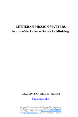 LUTHERAN MISSION MATTERS Journal of the Lutheran Society for Missiology