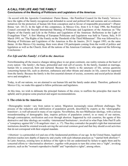 A CALL for LIFE and the FAMILY Conclusions of the Meeting of Politicians and Legislators of the Americas